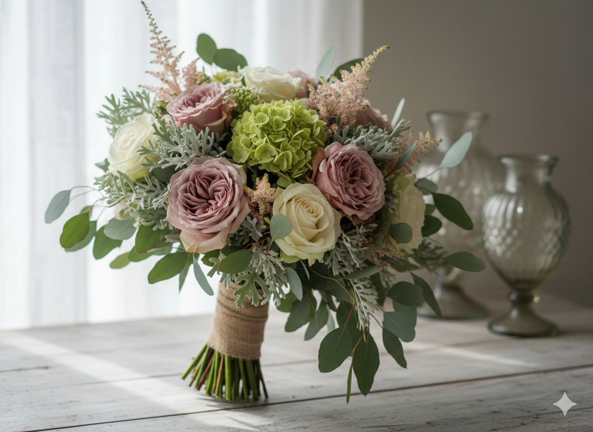 Sage and blush mixed bouquet with eucalyptus