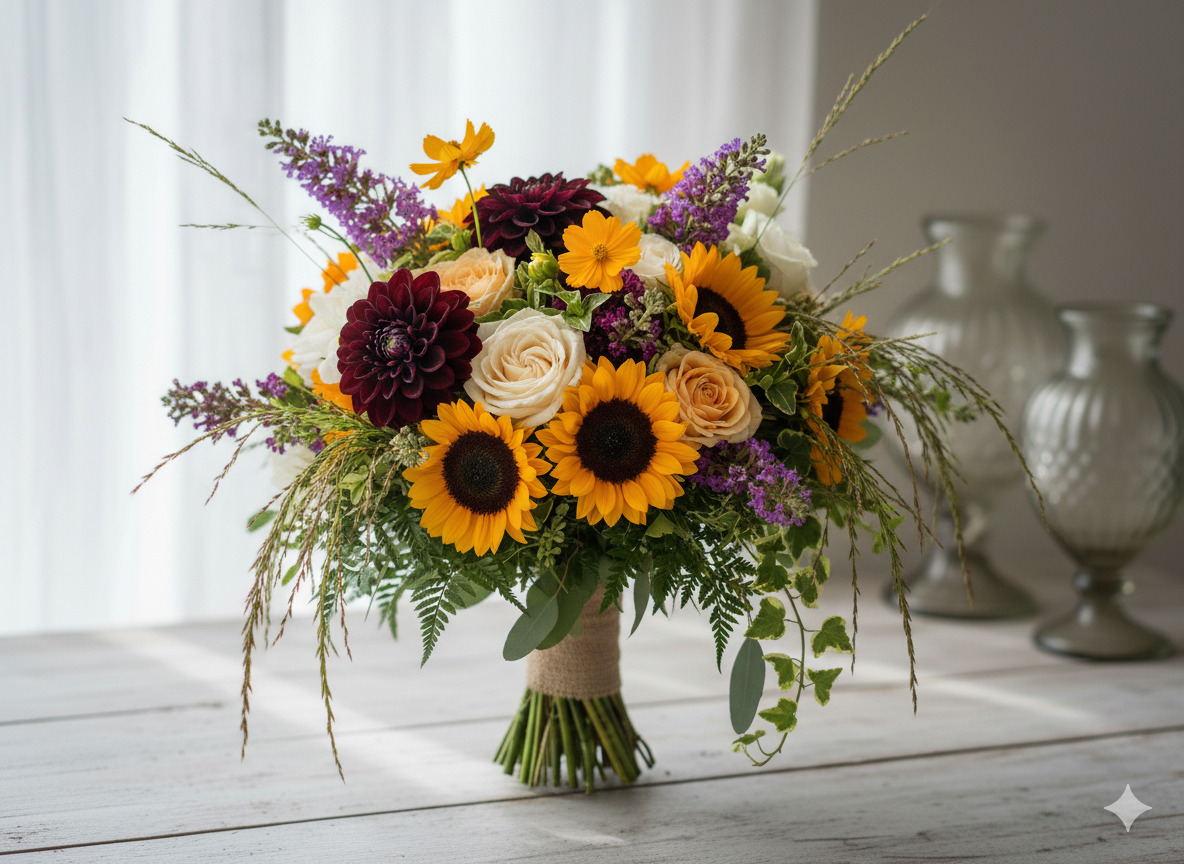Wild garden style bouquet in seasonal colours